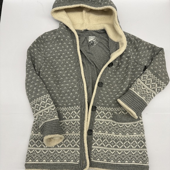 LL Bean Womens Sweater Size M Petite Blue Sherpa Trim Hooded Geometric NWT - Picture 1 of 11